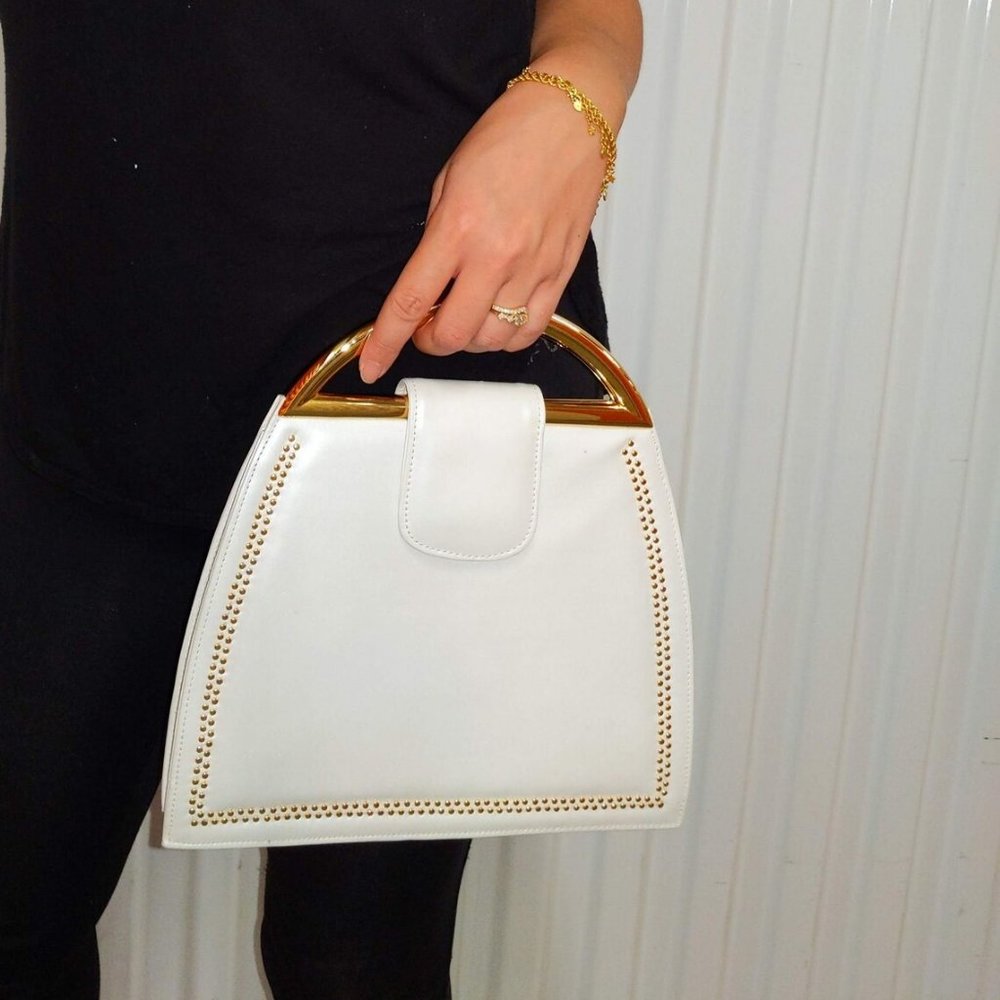 Vintage Stuart Weitzman - Pearl White Leather Structured Handbag w/ Gold Handles